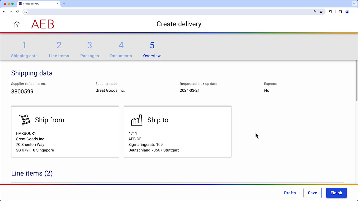 screenshot of AEB Transportation Management System